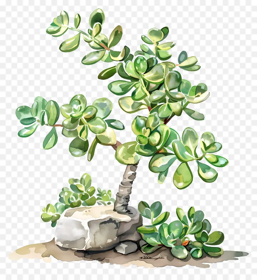 bức tranh màu nước hoa sen crassula lá ngọc mặt lá hoa jade - Bức tranh màu nước của cây ngọc trên đá