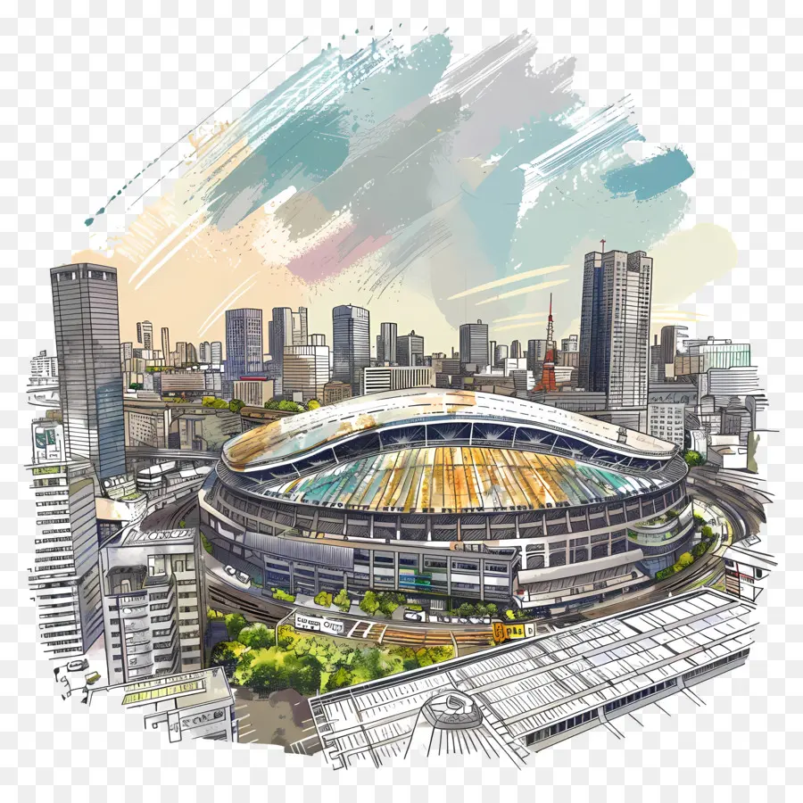 Tokyo Dome Stadium Digitales Kunstwerk moderner Design Himmel - Modernes Stadion mit umgebender Grünraum, Aquarelleffekt