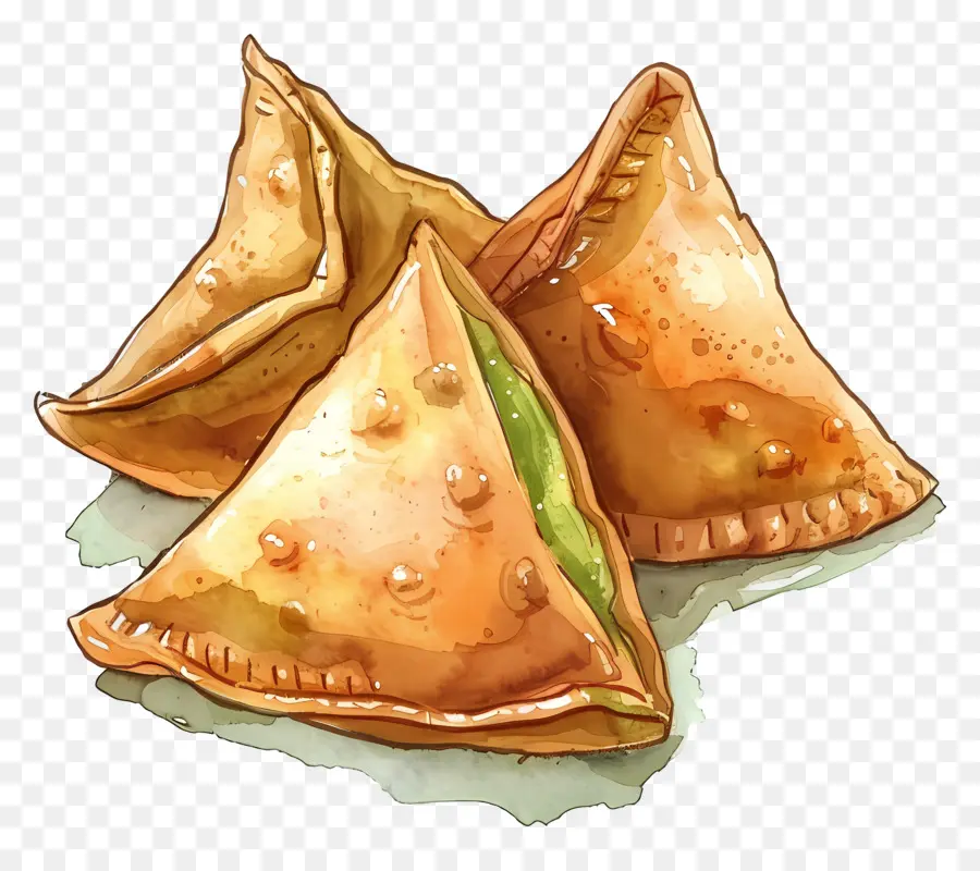 Samosa Food WaterColor Illustration Grenne a forma di triangolo Triangolo Green Pasto bianco - Illustrazione ad acquerello di tre gnocchi a triangolo con salsa