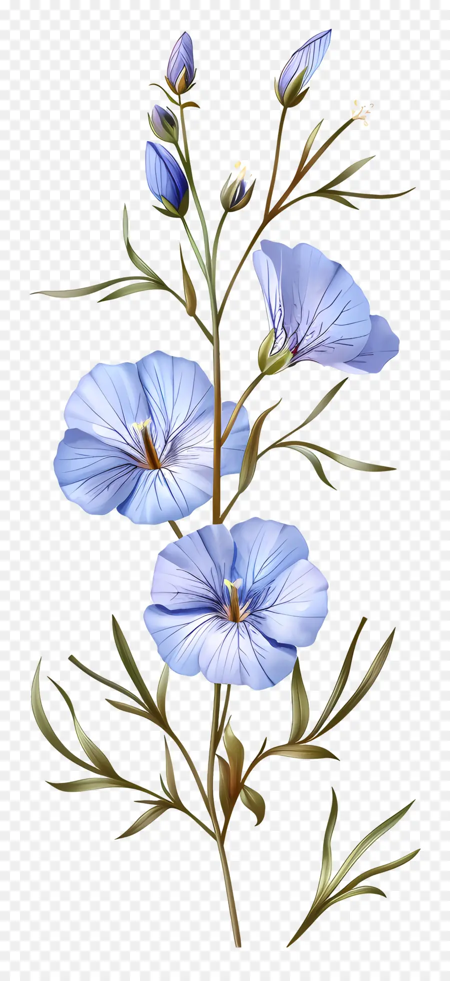 Blue Linum Perenne Blue Flowers dipingendo il centrotavola arte floreale - Fiori blu con sfondo nero e foglie