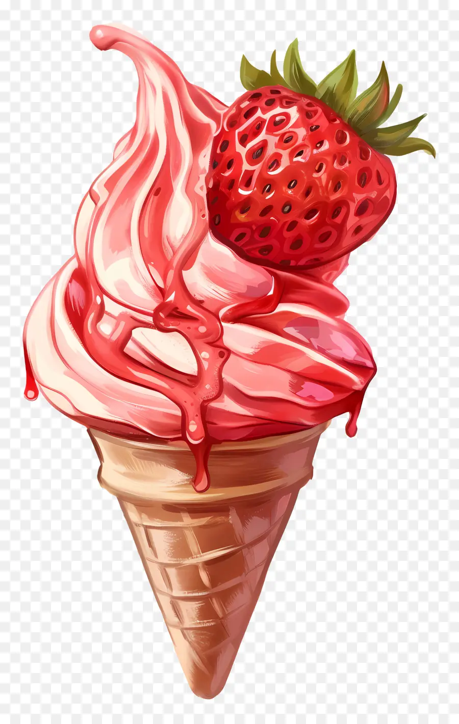 Eis Erdbeer -Erdbeer -Eis Waffelkegel rosa Eissirup - Erdbeereiskegel mit Sirup Tropfen