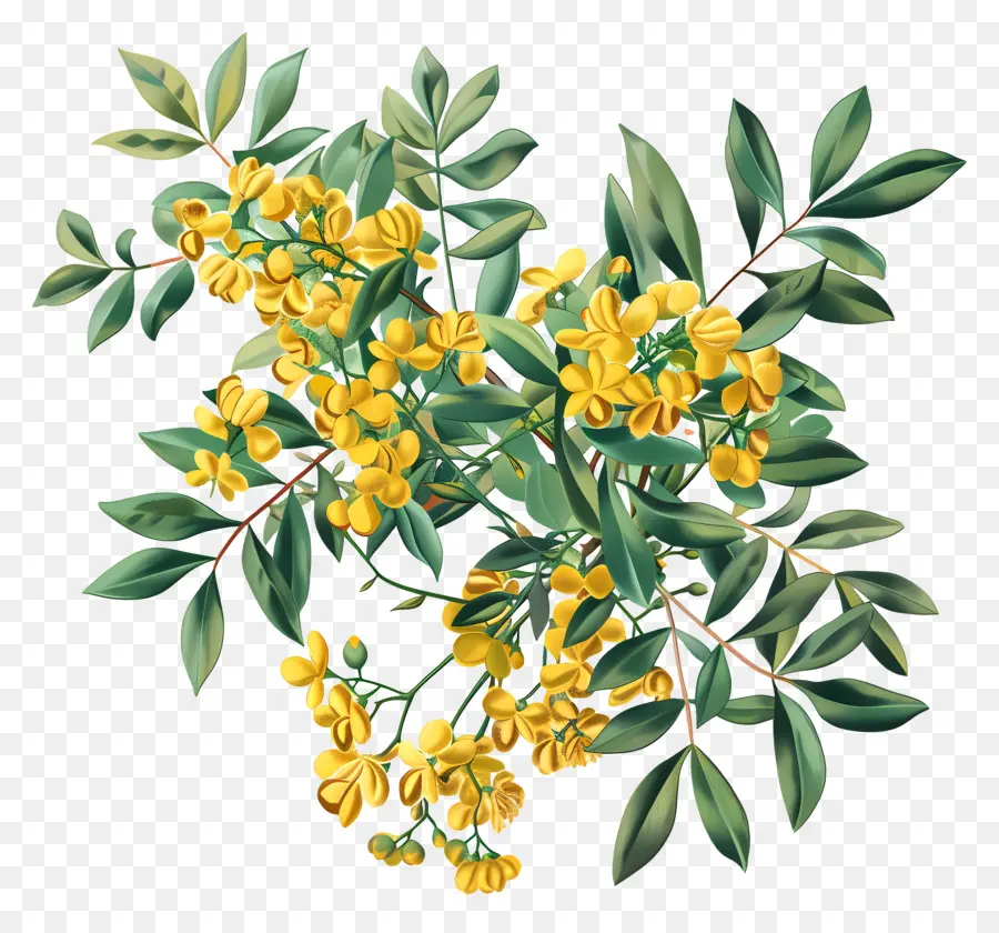 Akazie Goldene Blüten bühne grüne Blätter blühen - Goldene Blumen zwischen grünen Blättern auf schwarzem Hintergrund