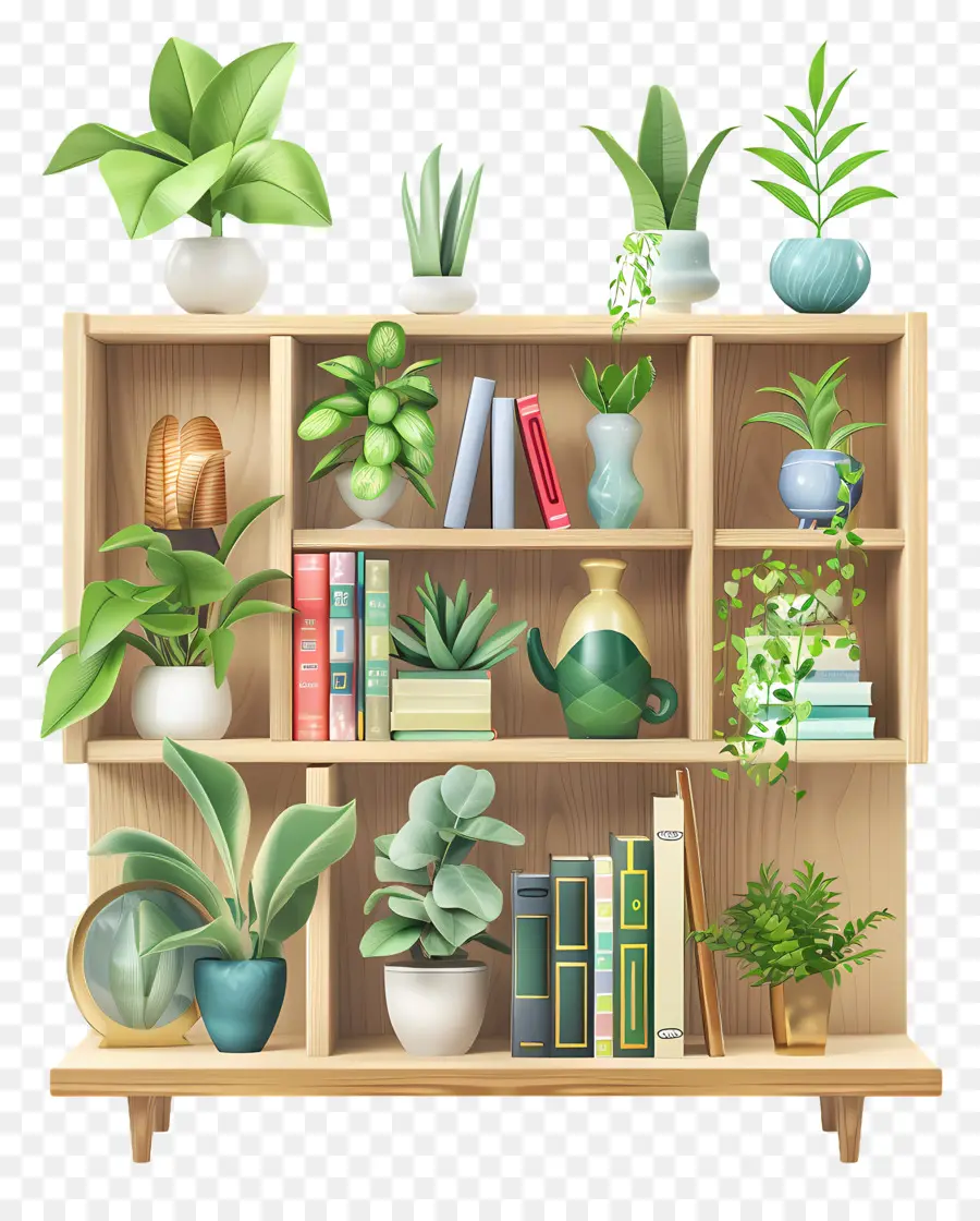 Bücherregal Innenpflanzen Haltendekor Zimmerpflanze Hausgärtung - Regal mit verschiedenen Pflanzen, gemütlicher, schwach beleuchteter Raum
