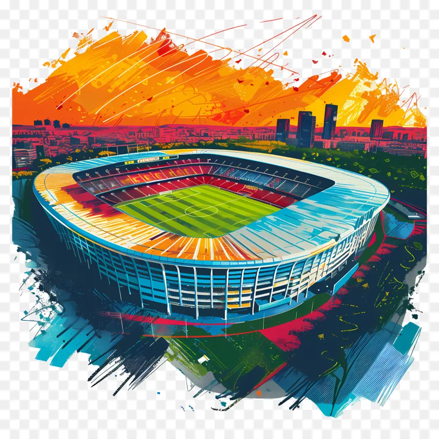 Spotify Camp Nou Soccer Stadium Sunset Digital Artwork Acrilic Paint - Vibrant Sunset Painting of Soccer Stadium