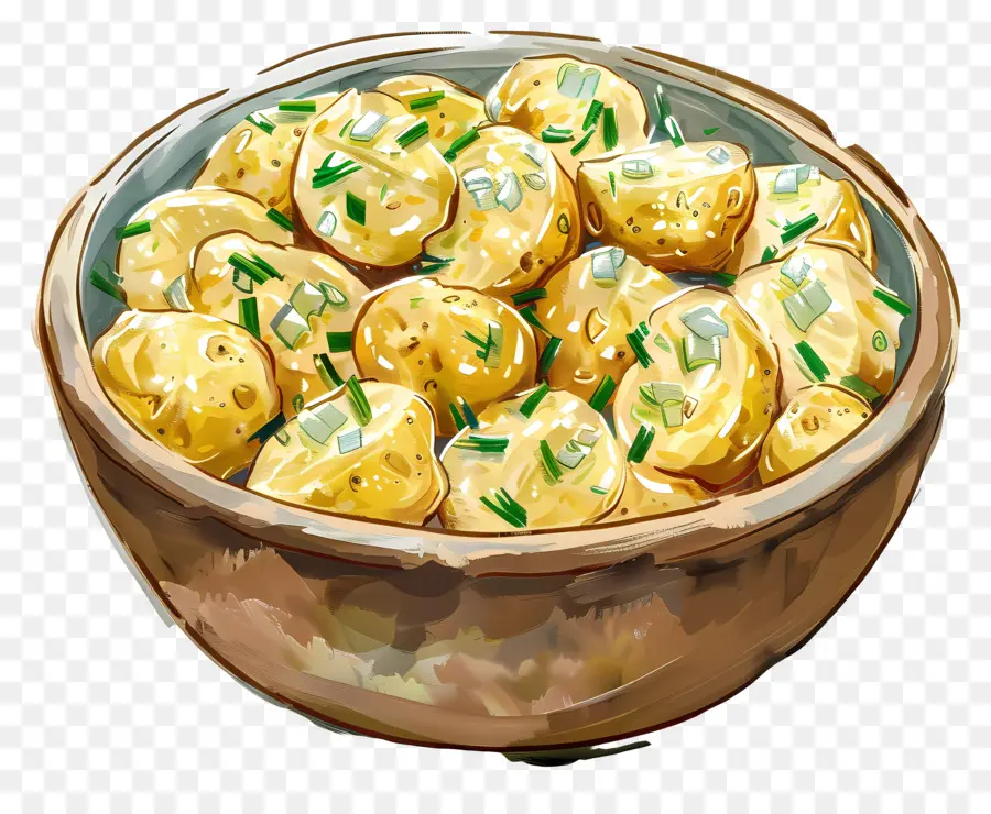 Kartoffelsalat Kartoffelchips Schüsselraster Muster Grüne Petersilie - Zeichnung von Holzschalen mit Kartoffelchips