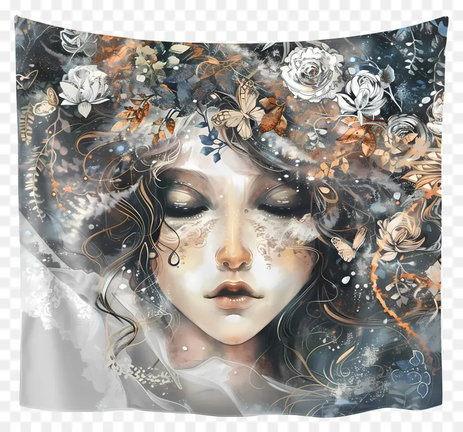 Wall Tapestry Woman Flowers Stars Abstract - Viso della donna con fiori, stelle, design sognante