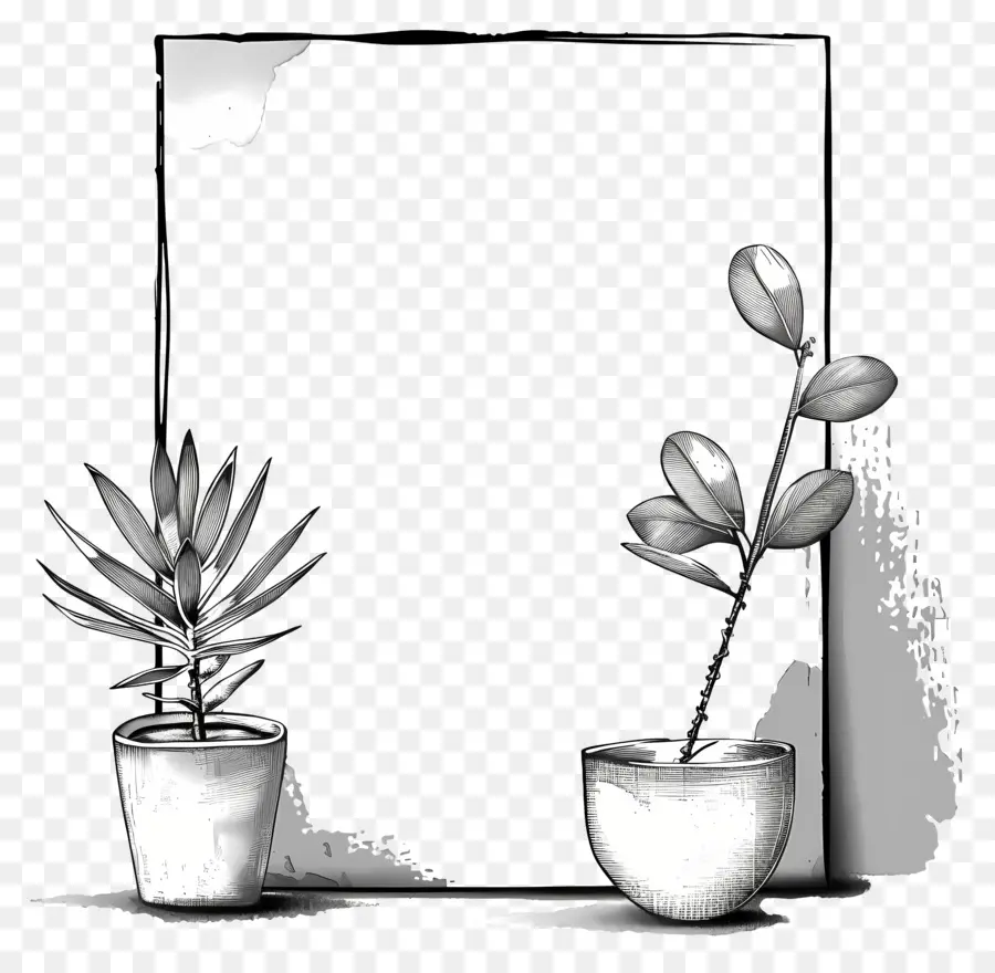 sfondo bianco - Disegno bianco e nero di piante in vaso