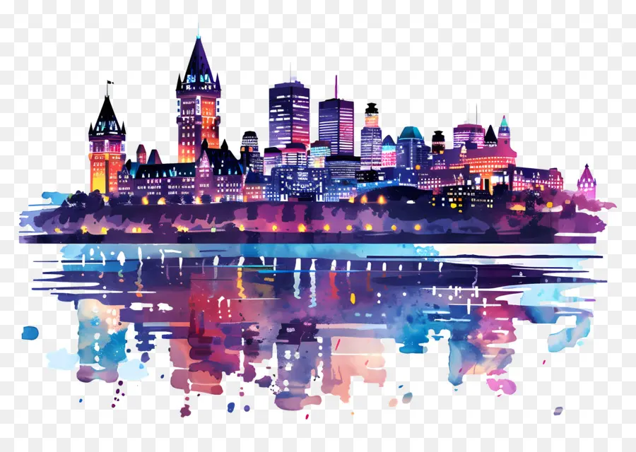 skyline della città - Skyline di città colorato riflesso in acqua