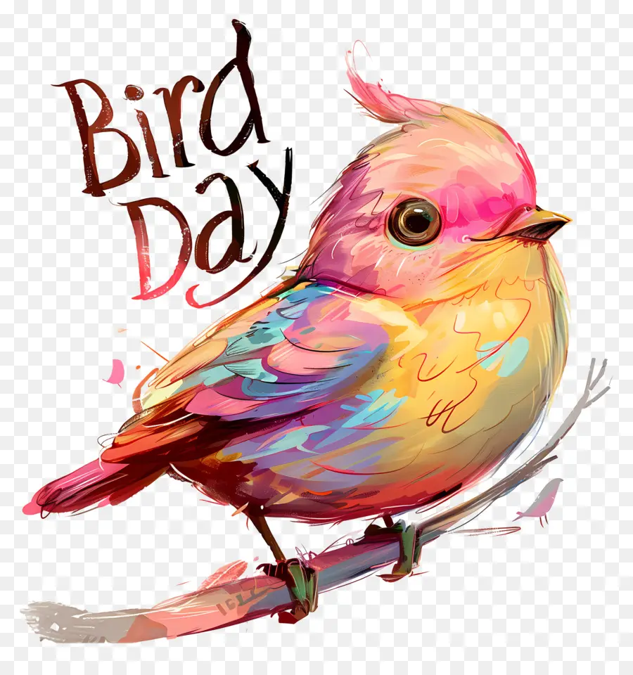 Bird Day Vogelfedern verzweigen farbenfroh - Buntes Vogel mit offenem Schnabel am Zweig