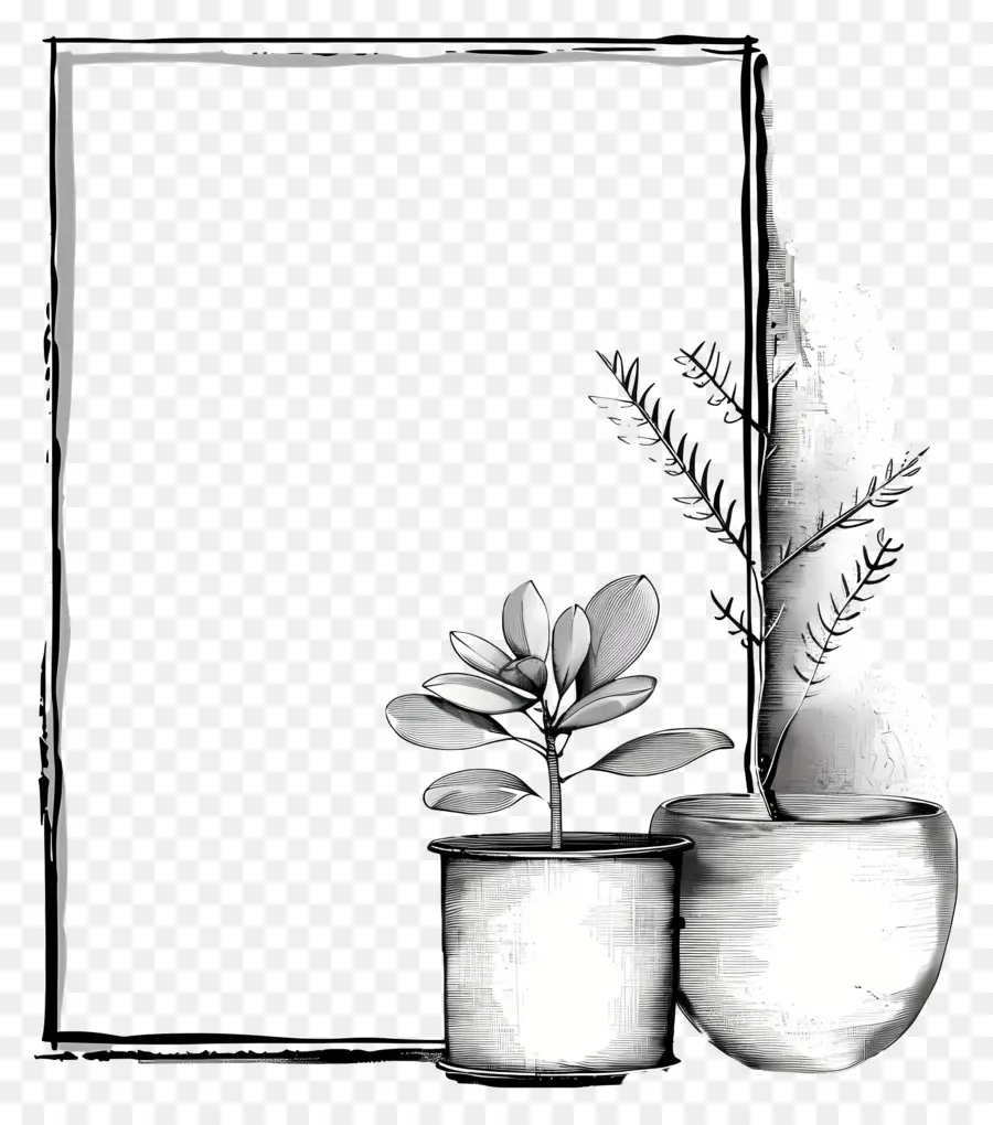 frame vases plants green plants black and white photography