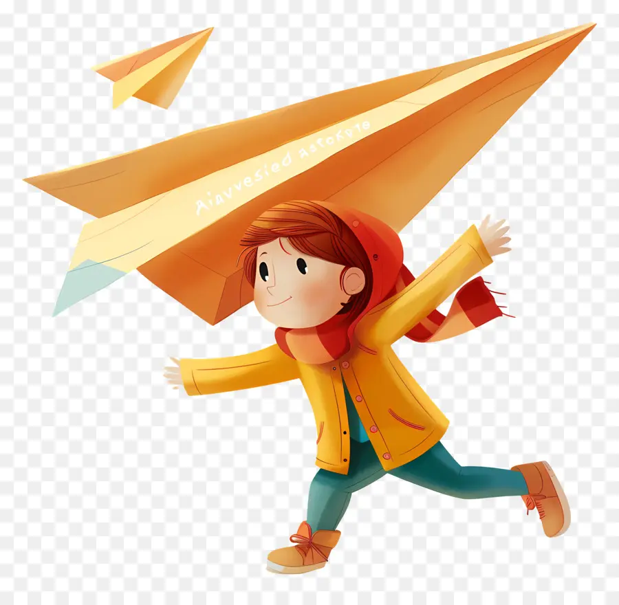 Papierflugzeug Tag Junges Mädchen Cartoon gelbe Jacke Papierflugzeug - Junges Mädchen rennt spielerisch nach Papierflugzeug