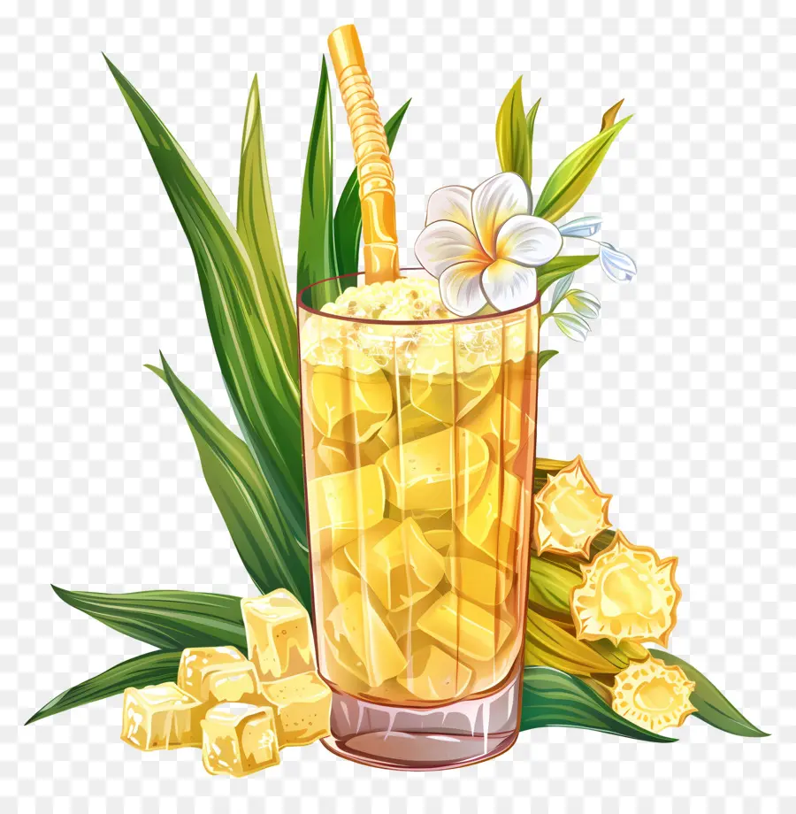 Sommer drink - Ananasaft mit Beilage auf schwarzem Hintergrund serviert