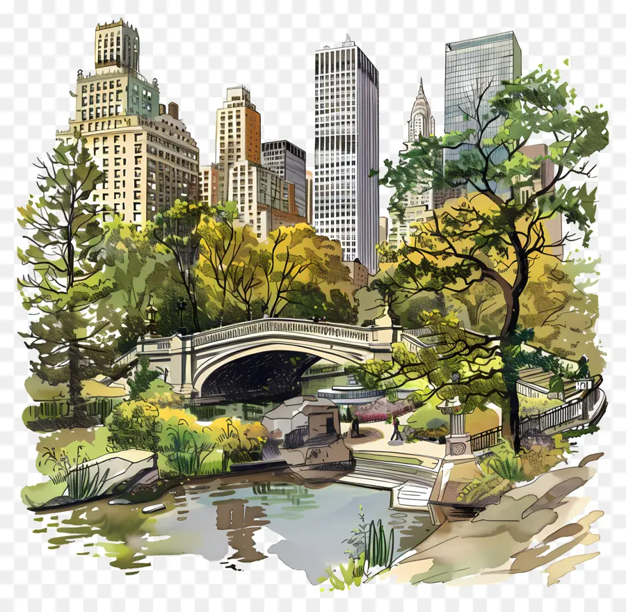 New York Central Park Cityscape Park Bridge River - Stadtpark mit Brücke über Fluss, Bäume, Menschen