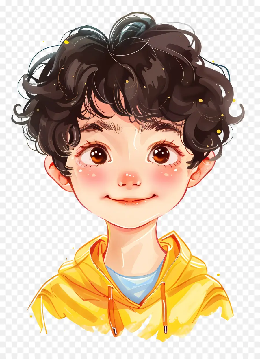 boy yellow hoodie brown eyes curly hair man