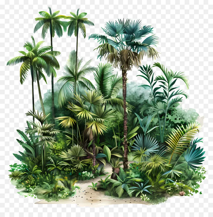 Palmen - Tropischer Dschungel mit kurvenreichem Weg und Bäumen