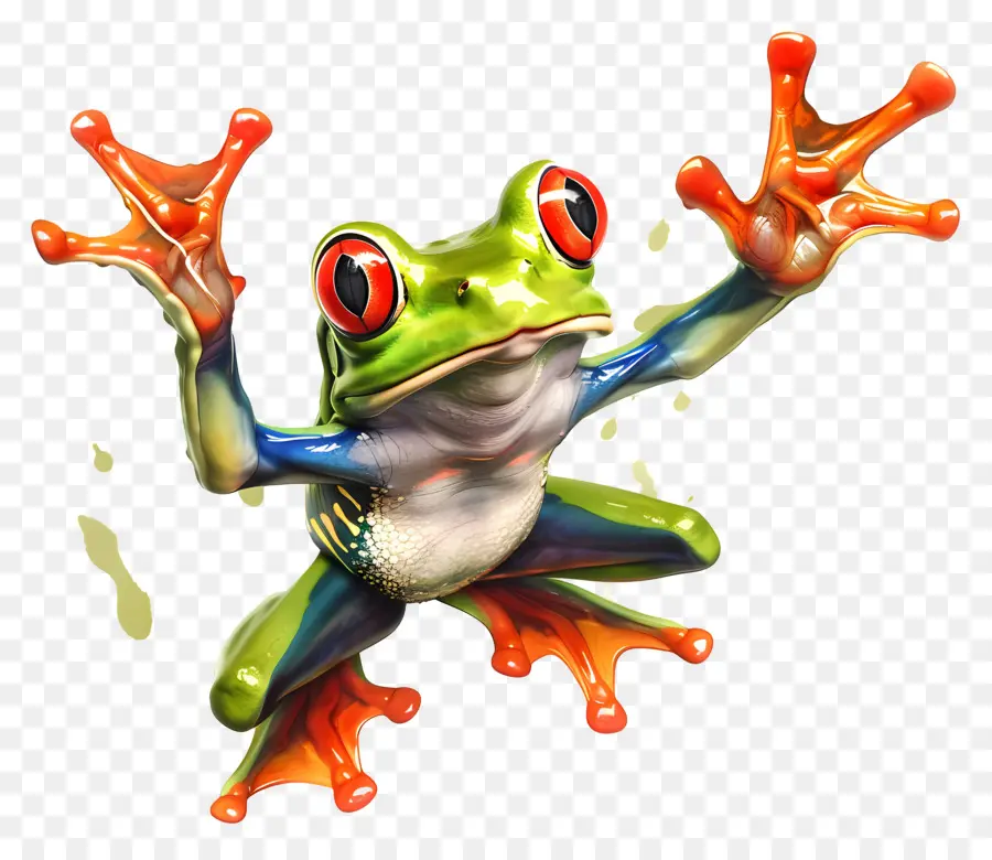frog jumping day cartoon frog mid-air hands raised green body