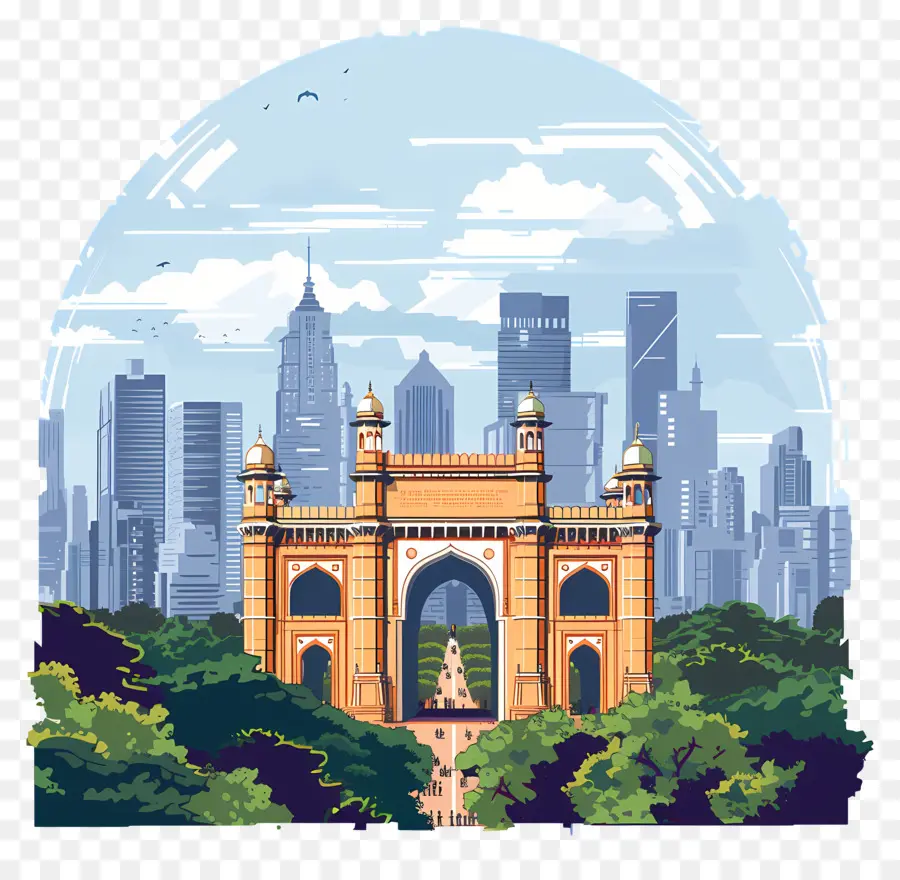 Delhi Mumbai Cityscape Archway Monument Landmark Architecture City Skyline View - Skyline di Mumbai con arco e verde gigante