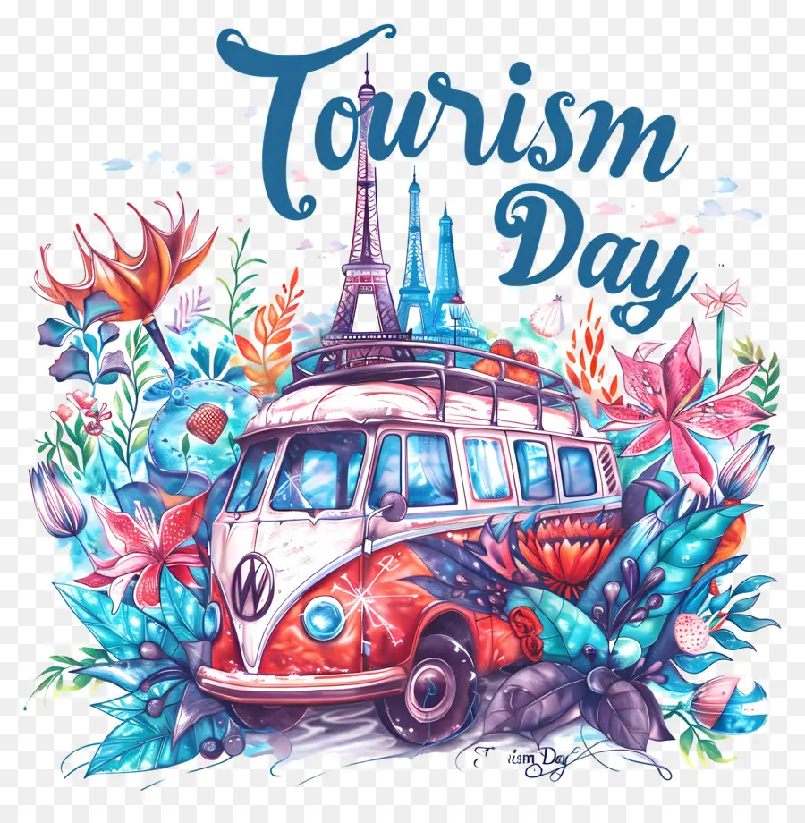 Giornata del turismo in autobus vintage per la festa del turismo dei fiori di illustrazione disegnati a mano - Autobus vintage con fiori, lettere di 