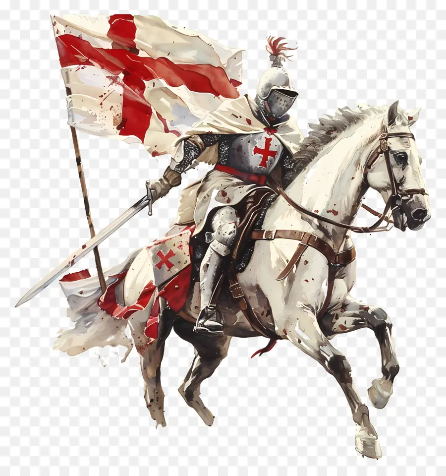 st. 
Georges Day Medieval Knight Horseback Armor - Uomo che cavalca il cavallo corazzato con bandiera, spada