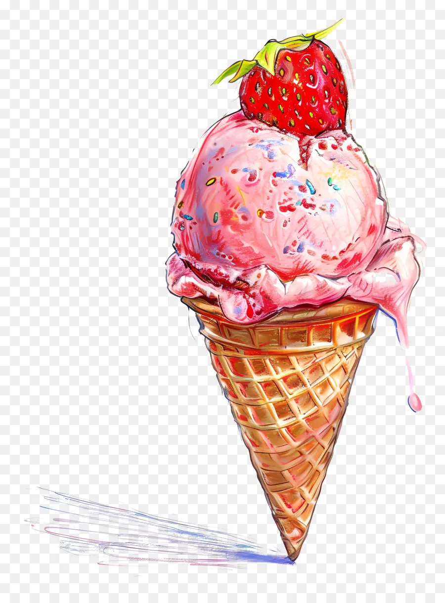 eiscreme Erdbeerrosa Eiskegel Erdbeer -Eisrote Streusel geschmolzene Eiscreme - Rosa Eiskegel mit Erdbeer, Streusel