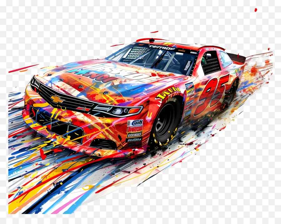 Ngày NASCAR NASCAR Tác phẩm nghệ thuật kỹ thuật số đua xe đầy màu sắc - Chiếc xe nascar đầy màu sắc với người lái xe bí ẩn trên đường đua