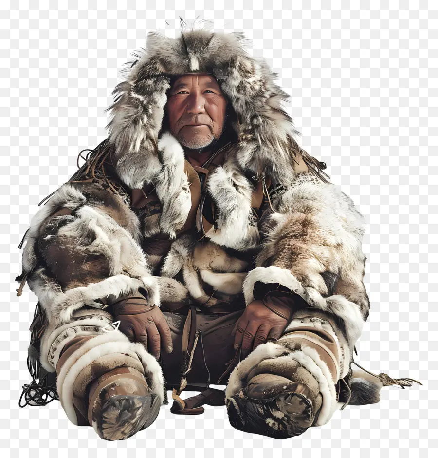 Inuit Man Man Fellmantel Mokassins ernst - Mann im Pelzmantel sitzt streng