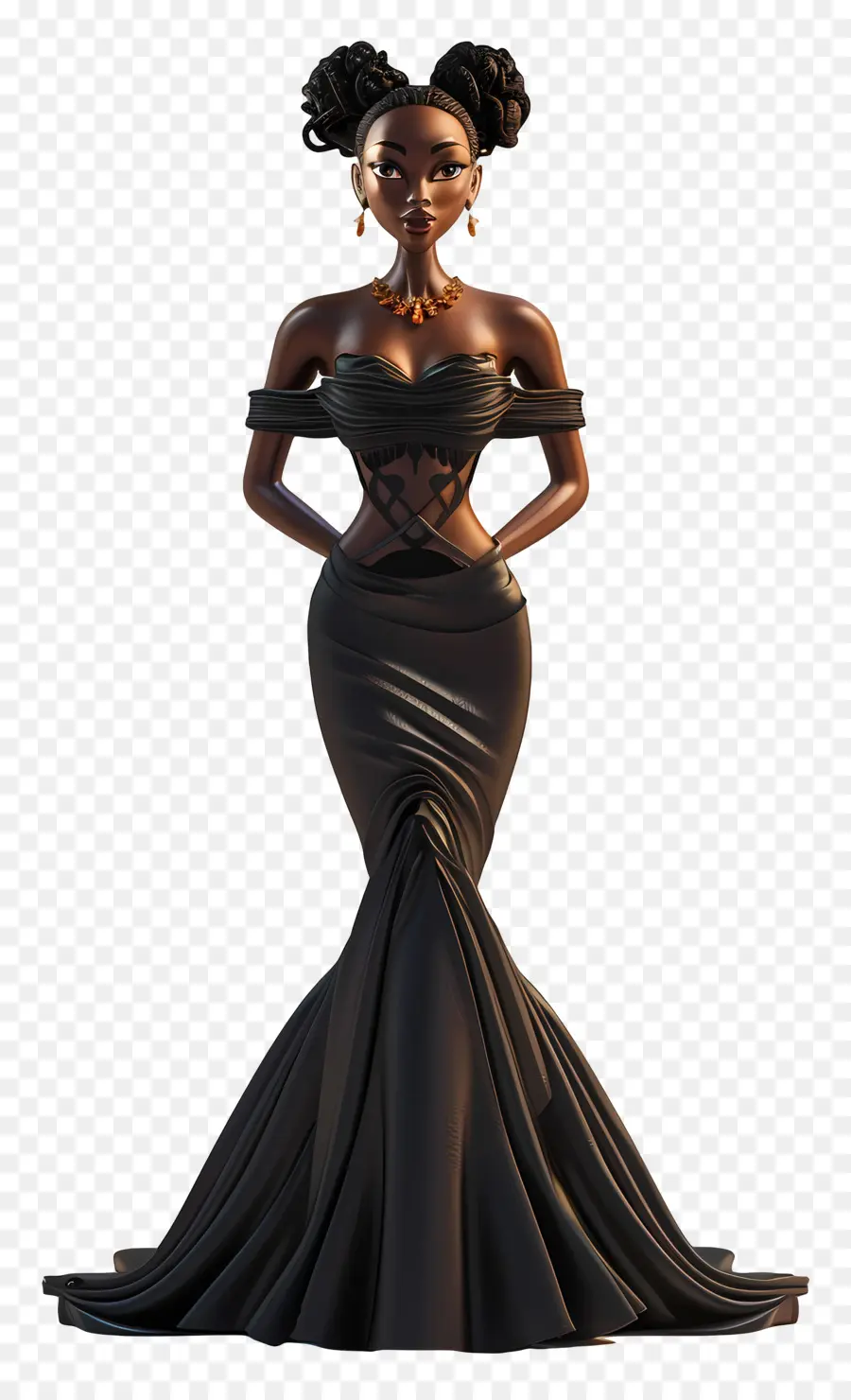 Schwarzes Mädchen im Kleid schwarzes Abendkleid außerhalb der Schulterhülse formelle Veranstaltung mit hohen Heul-Schuhen - Elegantes schwarzes Abendkleid mit Offoulder-Ärmeln
