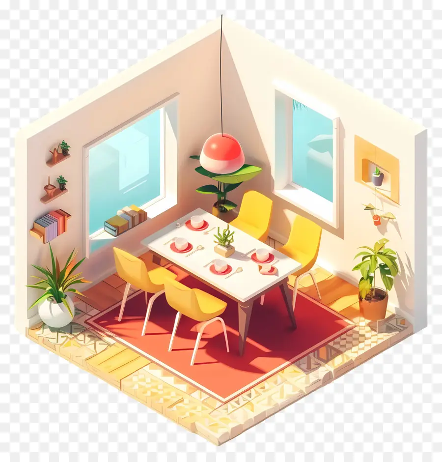 Esszimmer Rotgrüne gelbe Farbschema mit Stühlen - Farbenfroher Raum mit Tisch, Pflanzen, Holzvertäfelung