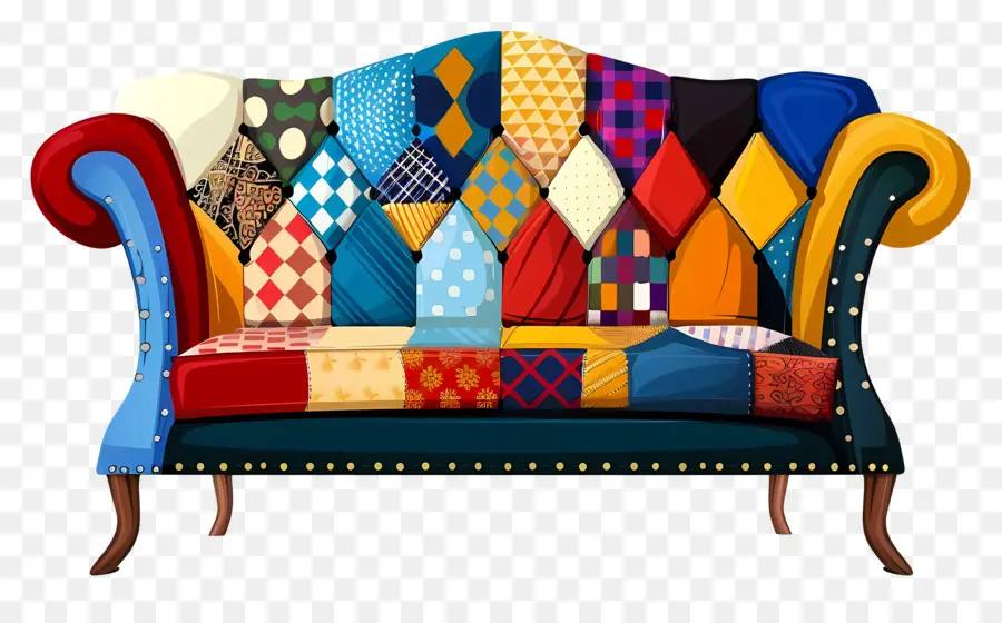 Modernes Sofa Buntes Couch Patchwork Muster Vintage Möbel lebendige Farben - Bunte Vintage -Couch mit Patchwork -Muster. 
Gemütliches Ambiente