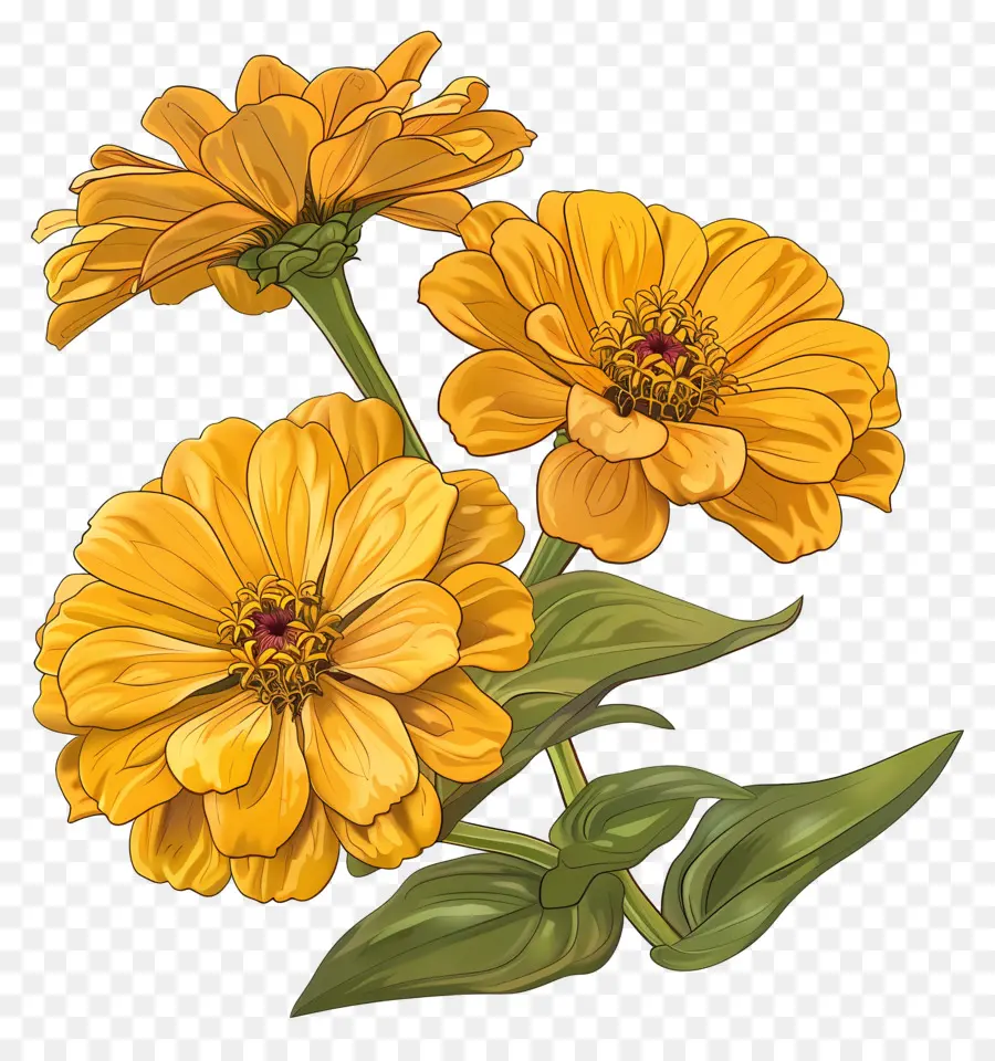 gelbe Zinnien gelbe Blüten symmetrische Blütenblätter kreisförmiges Muster grüne Blätter - Drei symmetrische gelbe Blüten auf der schwarzen Oberfläche