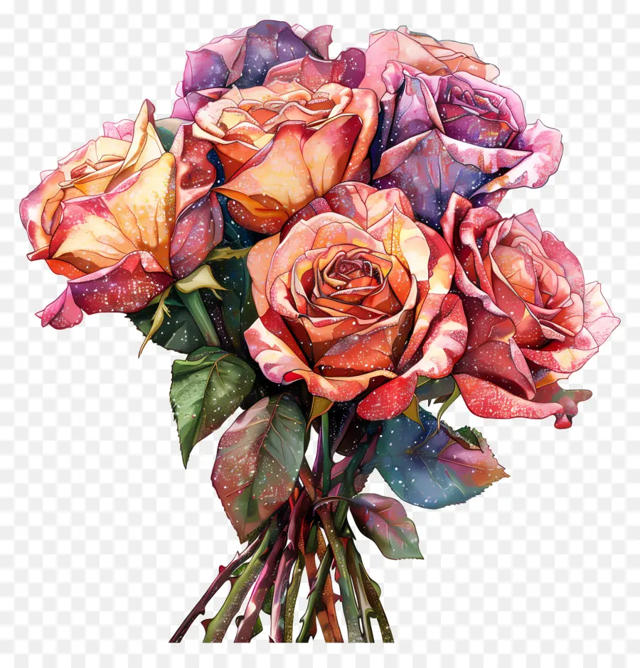 rosa Rosen - Rosa Rosen im Bouquet -Malerei auf schwarzem Hintergrund