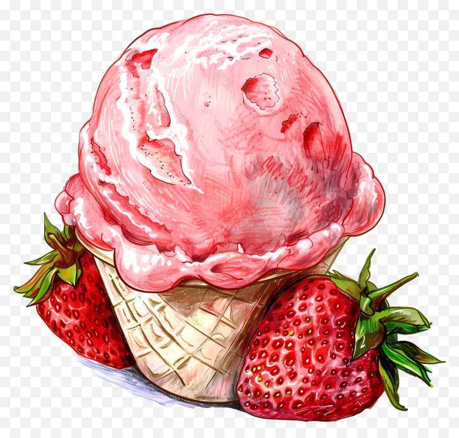 Eis Erdbeer -Erdbeer -Eis Schokoladenkegel frischer Erdbeeren Eisdessert - Realistische Erdbeereiskegel mit Erdbeeren