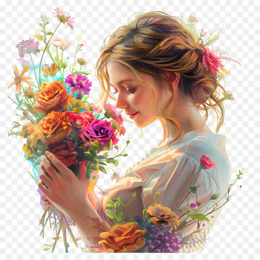 donna fiore donna fiori dipinto - Bella donna con espressione contemplativa tra i fiori