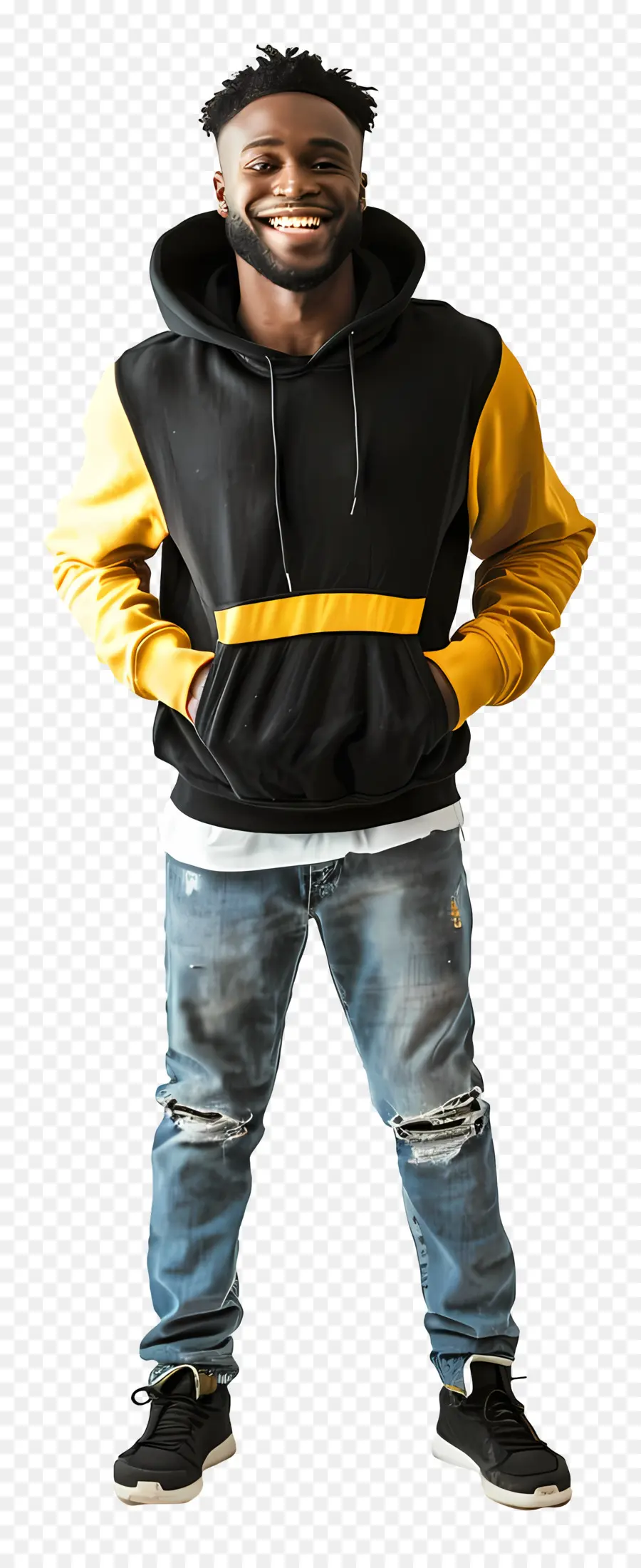 excited black man hoodie black and yellow smiling jeans with holes