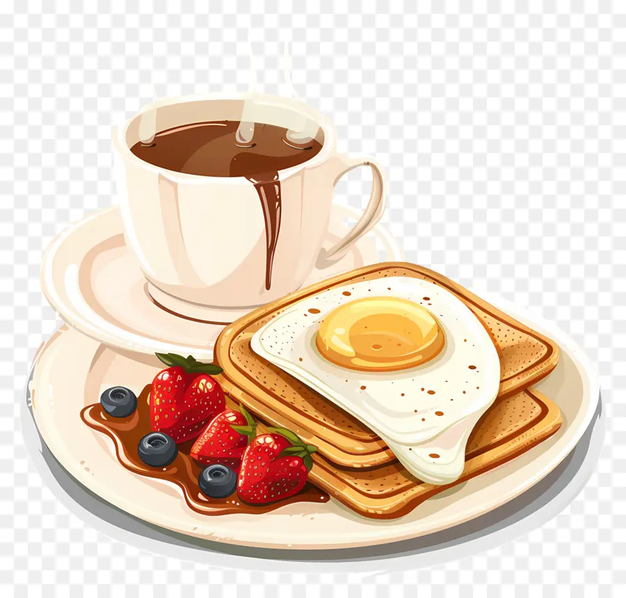 caffè - Pancake con uova, fragole, gocce di cioccolato, caffè