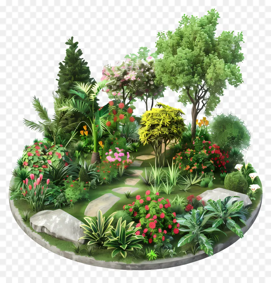 Botanische Gartengarten Pflanzen Bäume Blumen - Bunten Garten mit Brunnen und verschiedenen Blumen