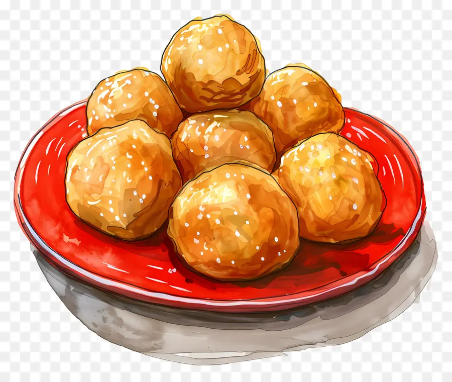 Panipuri Balls Balls Bánh mì Màu đỏ - Năm quả bóng bánh mì với sốt cà chua trên đĩa