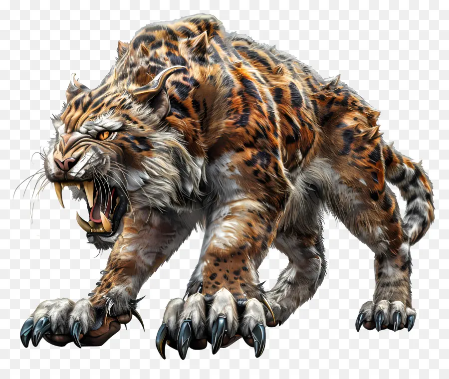 saber toothed cat sharp claws fangs brown fur muscular body