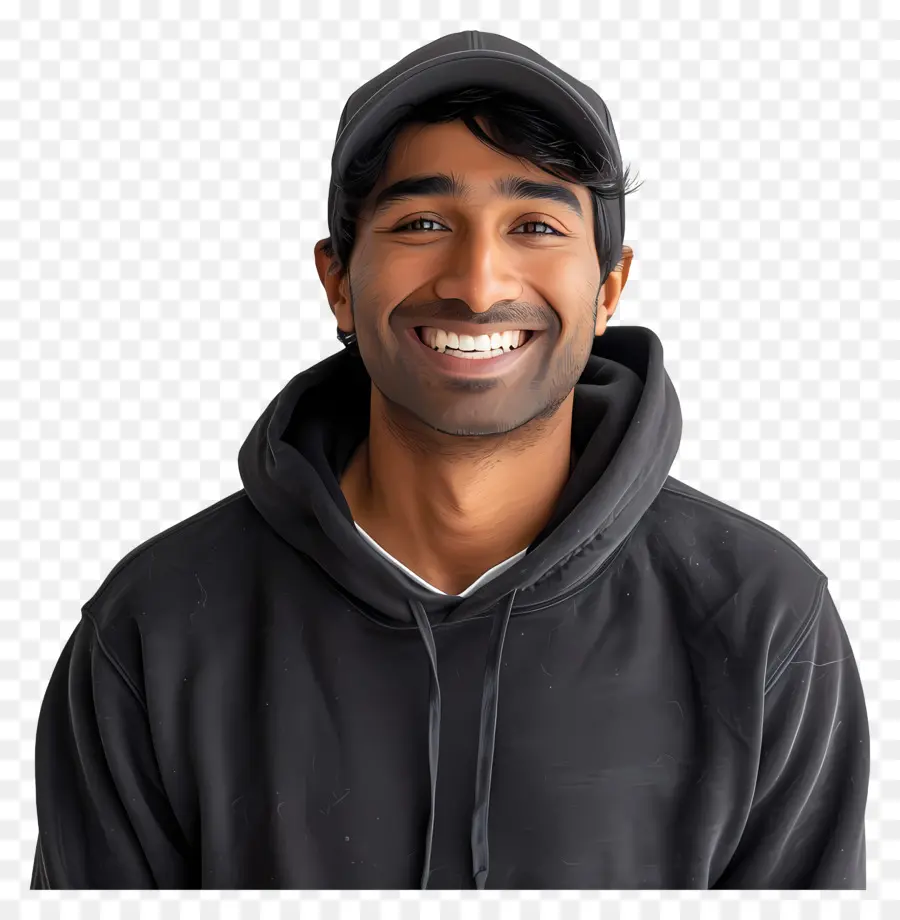 uomo sorridente sorridente uomo con cappuccio nero cappellino da baseball mani in tasche - Uomo sorridente con cappuccio e cappello nero