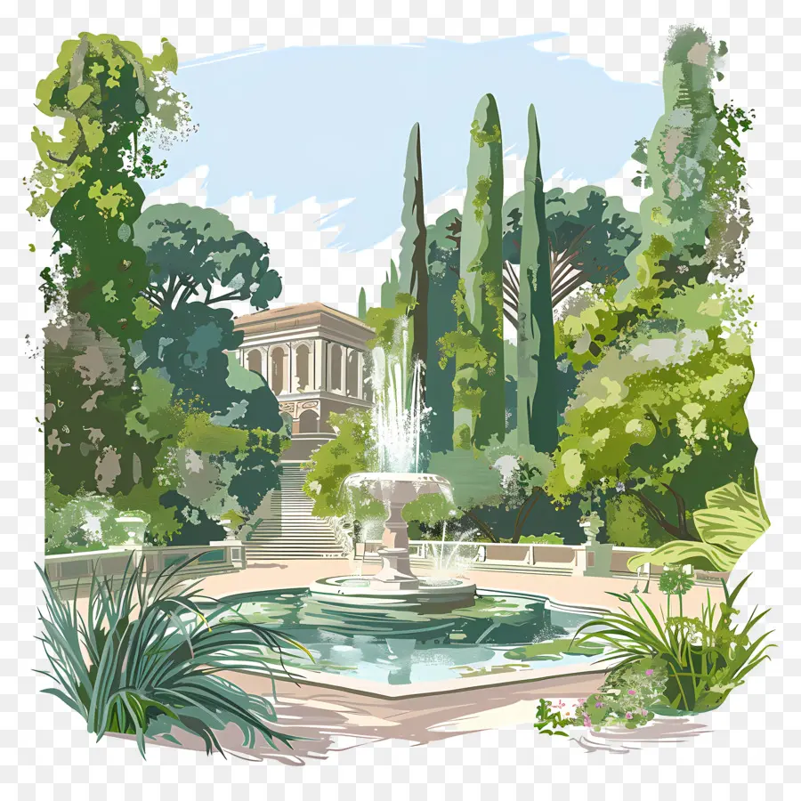Villa Borghese Garden Fountain Mansion Garden Phong cảnh thiết kế cây xanh - Vườn với đài phun nước, biệt thự và cây xanh