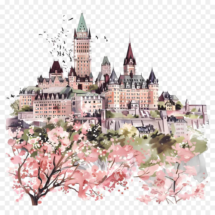 quebec city skyline castle painting blossoming trees gardens