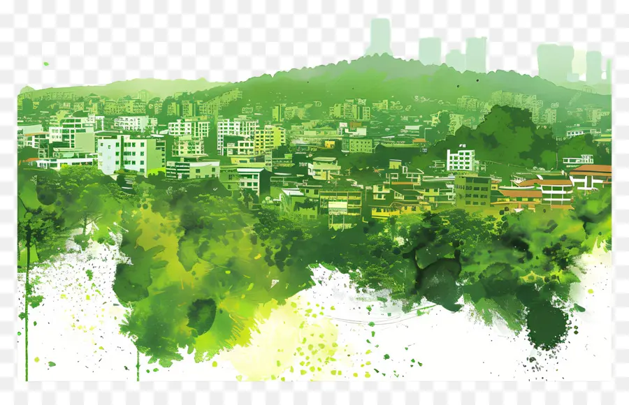 skyline della città - Paesaggio urbano urbano con primo piano della foresta verde. 
Soleggiato