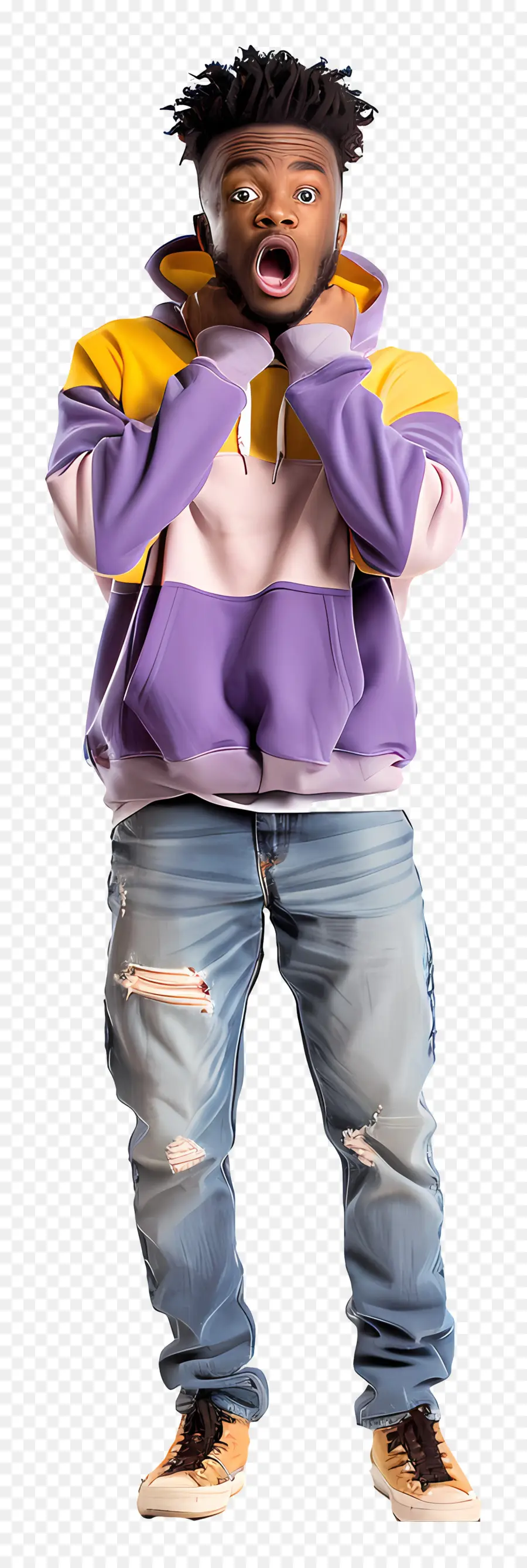 shocked black man man purple hoodie ripped jeans stretching