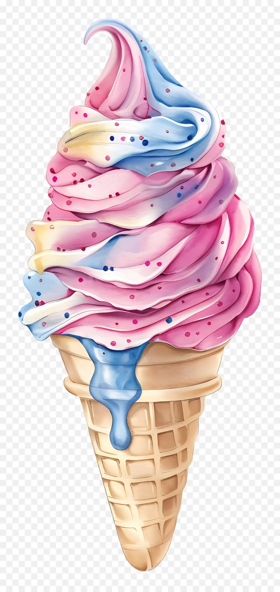 softy ice cream watercolor illustration ice cream cone pink and blue chocolate cone