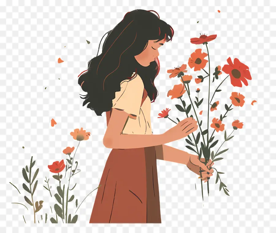 Donna Flower Woman Field Flowers - Donna nel campo dei fiori rossi che raggiungono