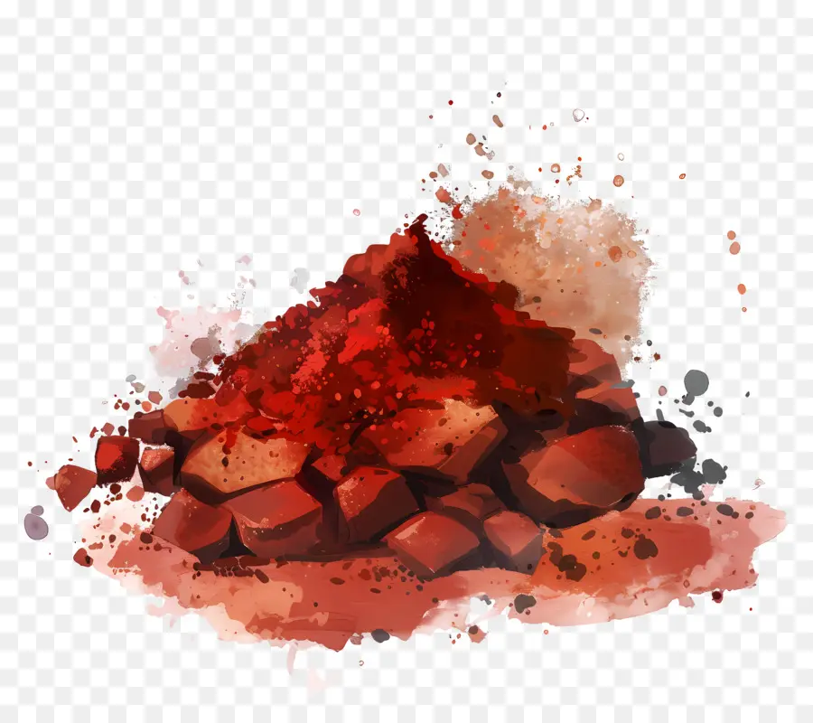 red soil red powder black splatter rocks minerals