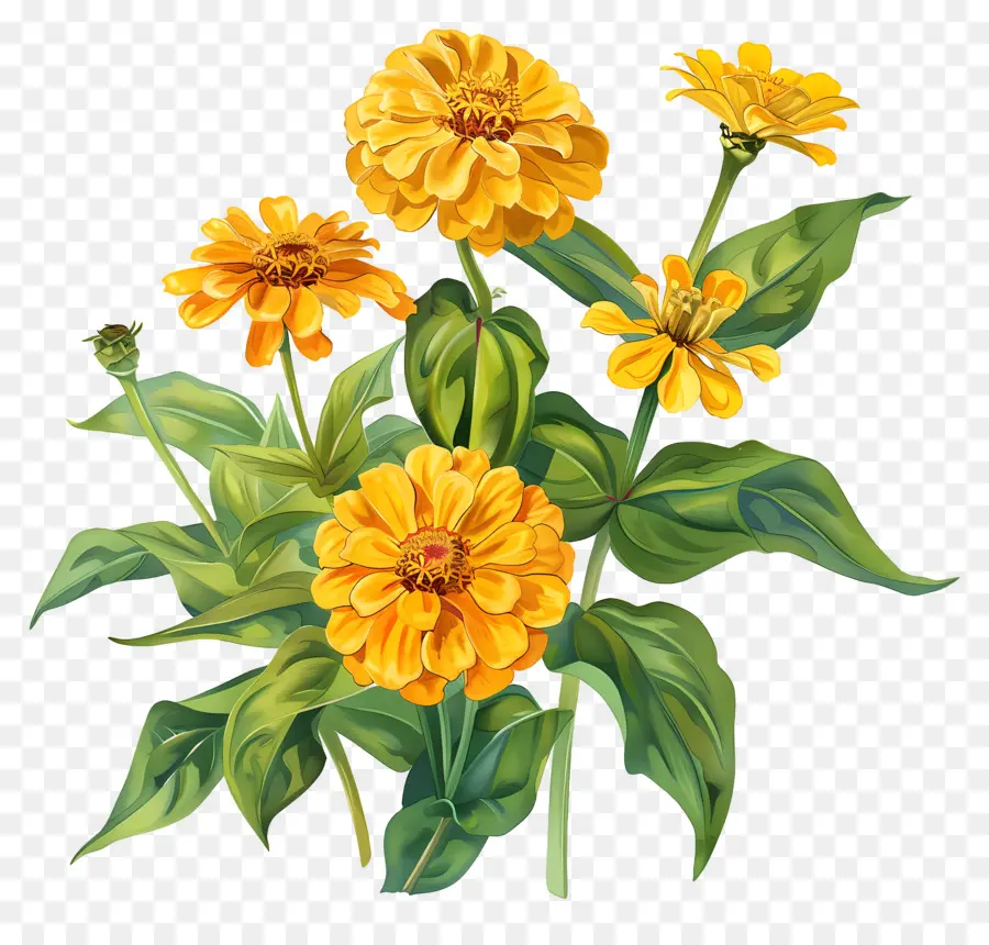 Vàng Zinnias hướng dương sơn dầu Bouquet màu vàng - Bức tranh sơn dầu sống động của hoa hướng dương màu vàng