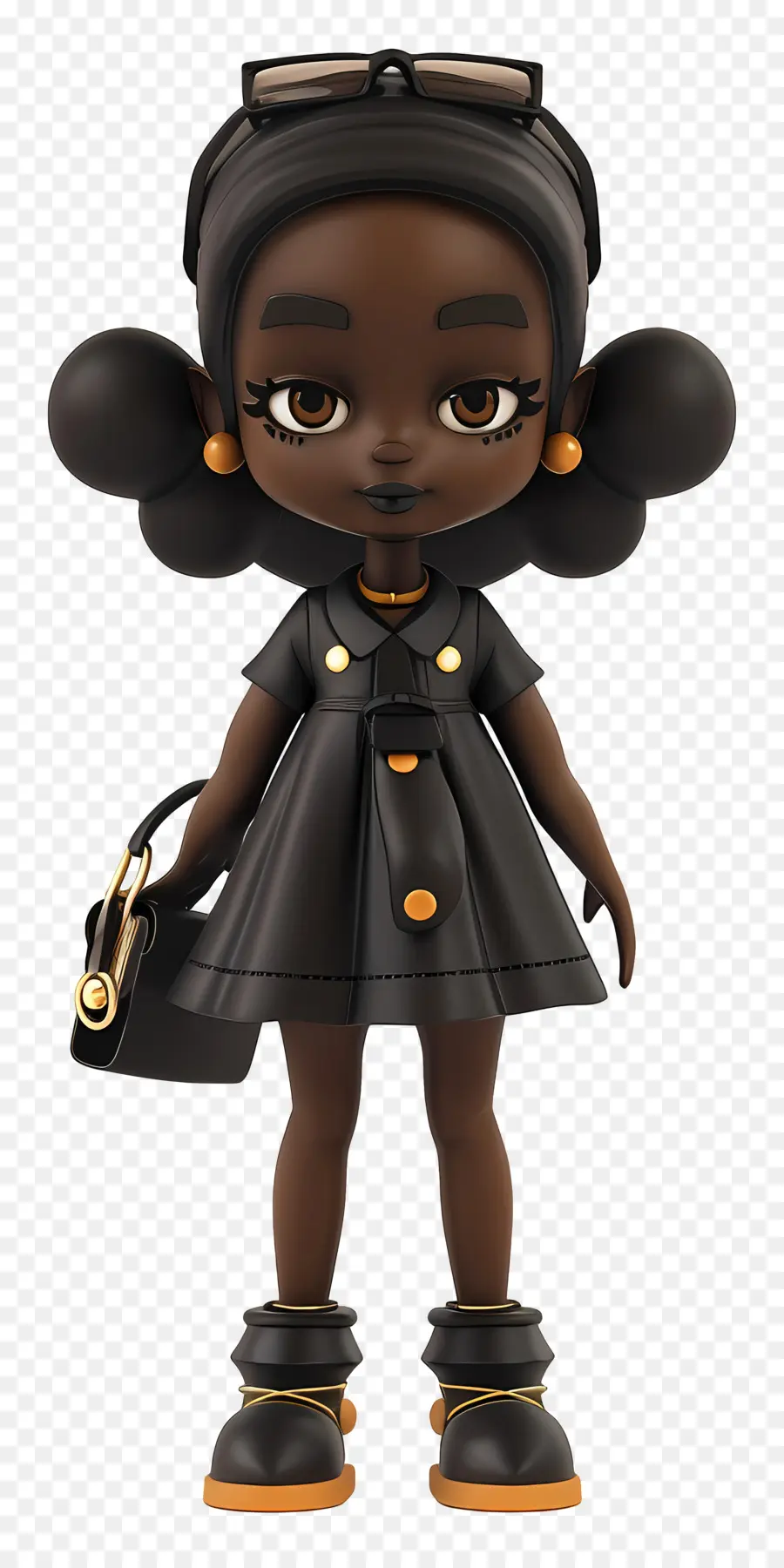 Schwarzes Mode Mädchen schwarzes Kleid Afroamerikaner Frau Mode stilvoll - Schwarze weibliche Figur in schwarzem Kleid mit Geldbörse