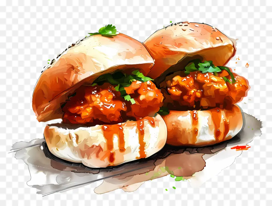 vada pav chicken wings bbq sauce cheese watercolor painting
