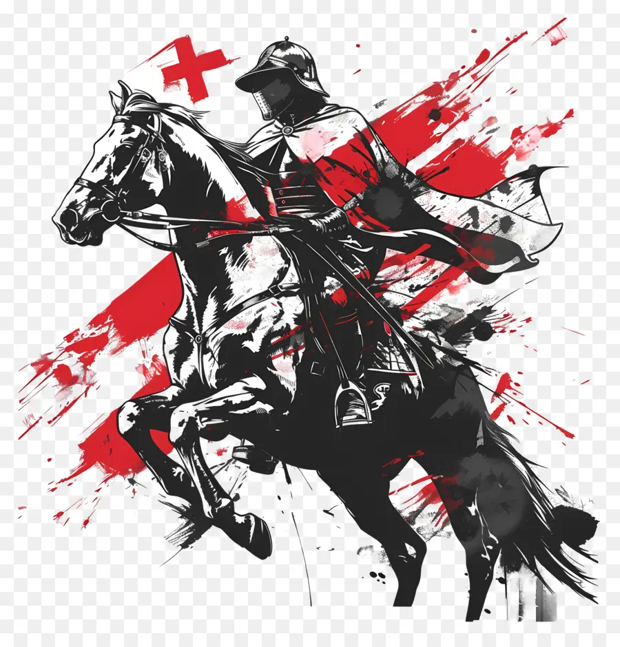 st. 
Georges Day Impressionism Horse Armor Soldat - Impressionistische Gemälde des Ritters zur Pferdebackflagge